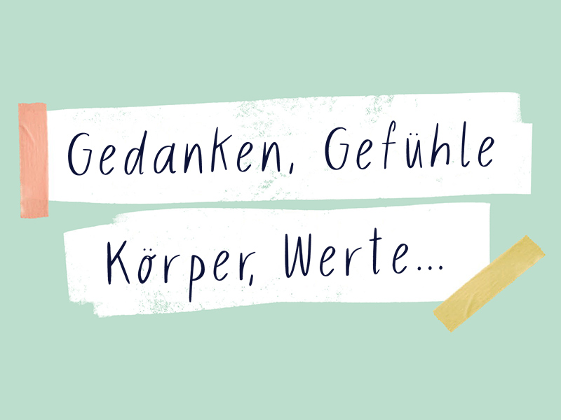 (c) Jugendportal / Adaptiert von der Publikation "Wie geht es dir?" / Illustrationen: Franziska Viviane Zobel Weißer Streifen mit Text "Gedanken, Gefühle, Körper, Werte..." darauf
