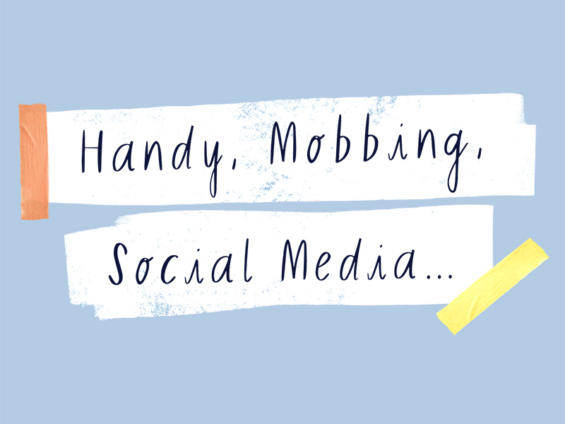 (c) Jugendportal / Adaptiert von der Publikation "Wie geht es dir?" / Illustrationen: Franziska Viviane Zobel Weißer Streifen mit Text "Handy, Mobbing, Social Media..." darauf